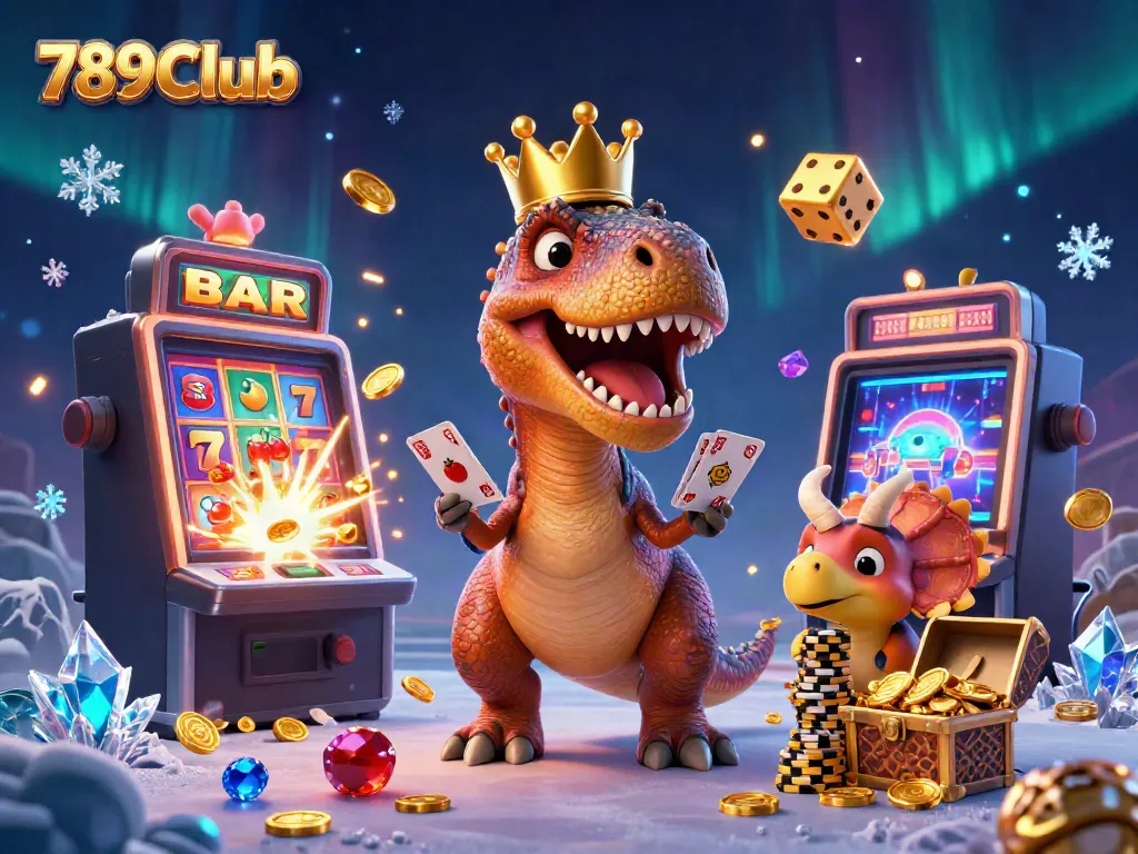 Experience 789Club's thrilling gaming atmosphere with a friendly dinosaur card game scene.