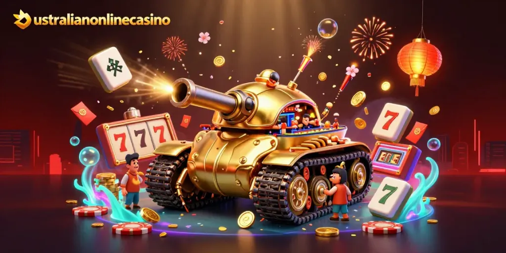 Experience big wins with the vibrant 3D illustration of australianonlinecasino, showcasing a golden beetle casino tank and lively game elements.