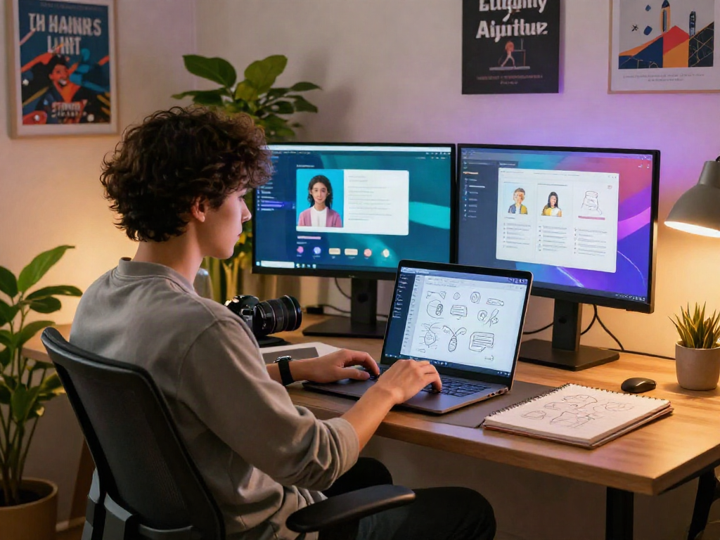 Engaging with an AI girlfriend application in a modern home office setting, showcasing technology and lifestyle.