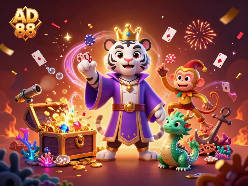 Engage in winning strategies with AD 88, showcasing a tiger and monkey in a vibrant casino scene.
