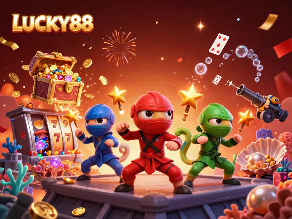 Engaging scene of LUCKY88 featuring colorful chameleons and vibrant casino elements in a dynamic digital art.