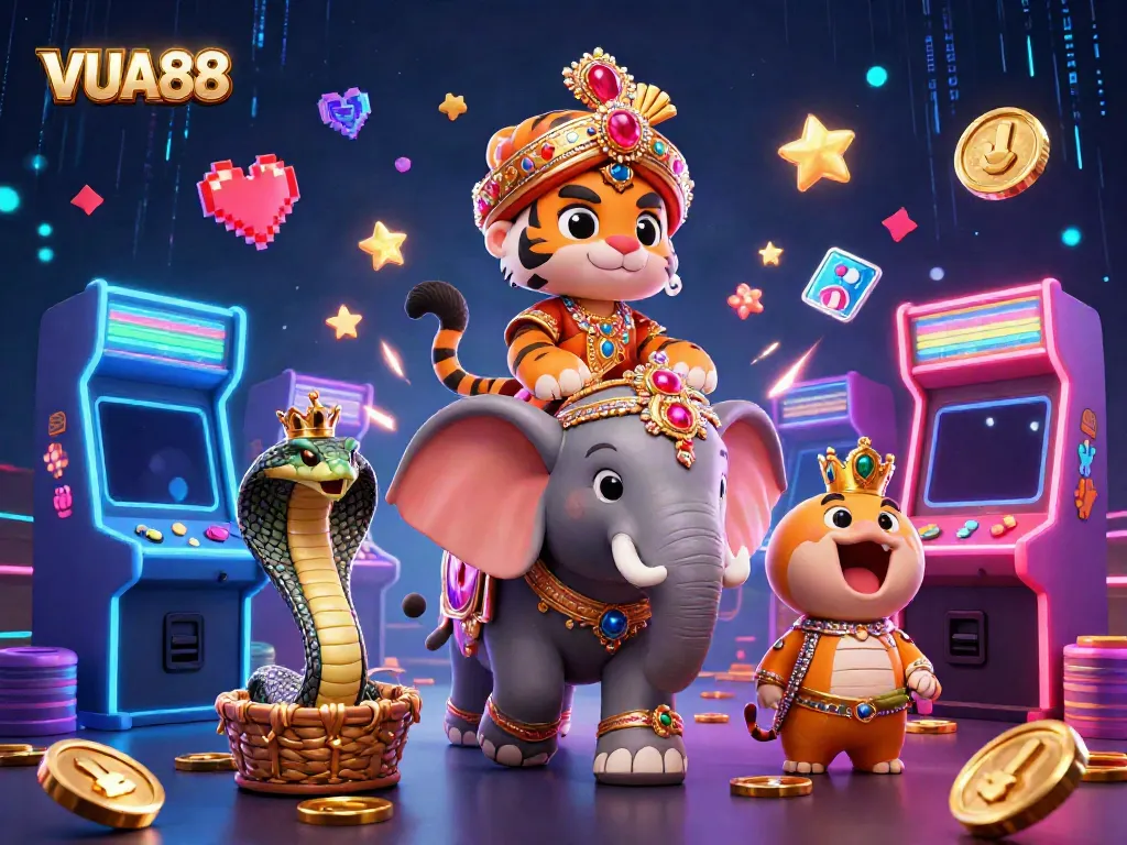 Experience VUA88 with an energetic 3D illustration showcasing casino games and vibrant characters.