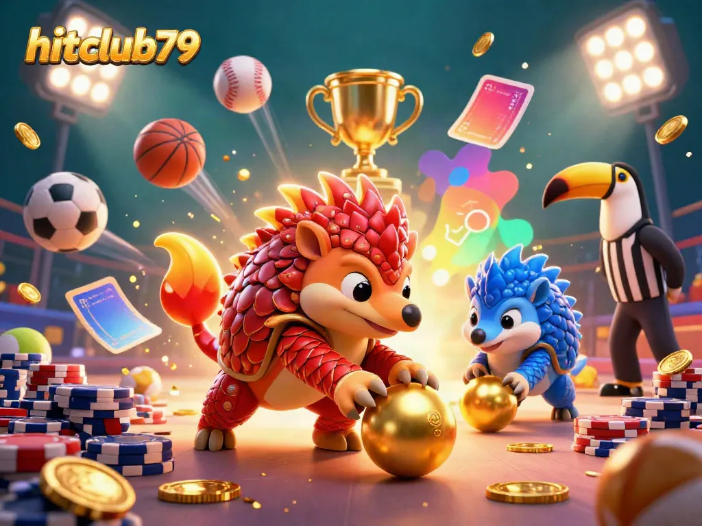 Hitclub79 pangolins roll golden balls through poker chips in a vibrant casino scene.