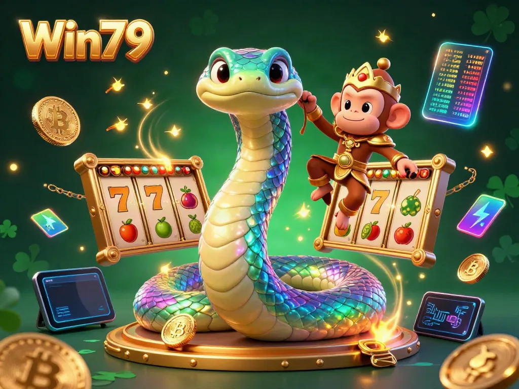 Win79 showcases exciting slot reels and jackpot elements with colorful 3D characters in a vibrant gambling scene.