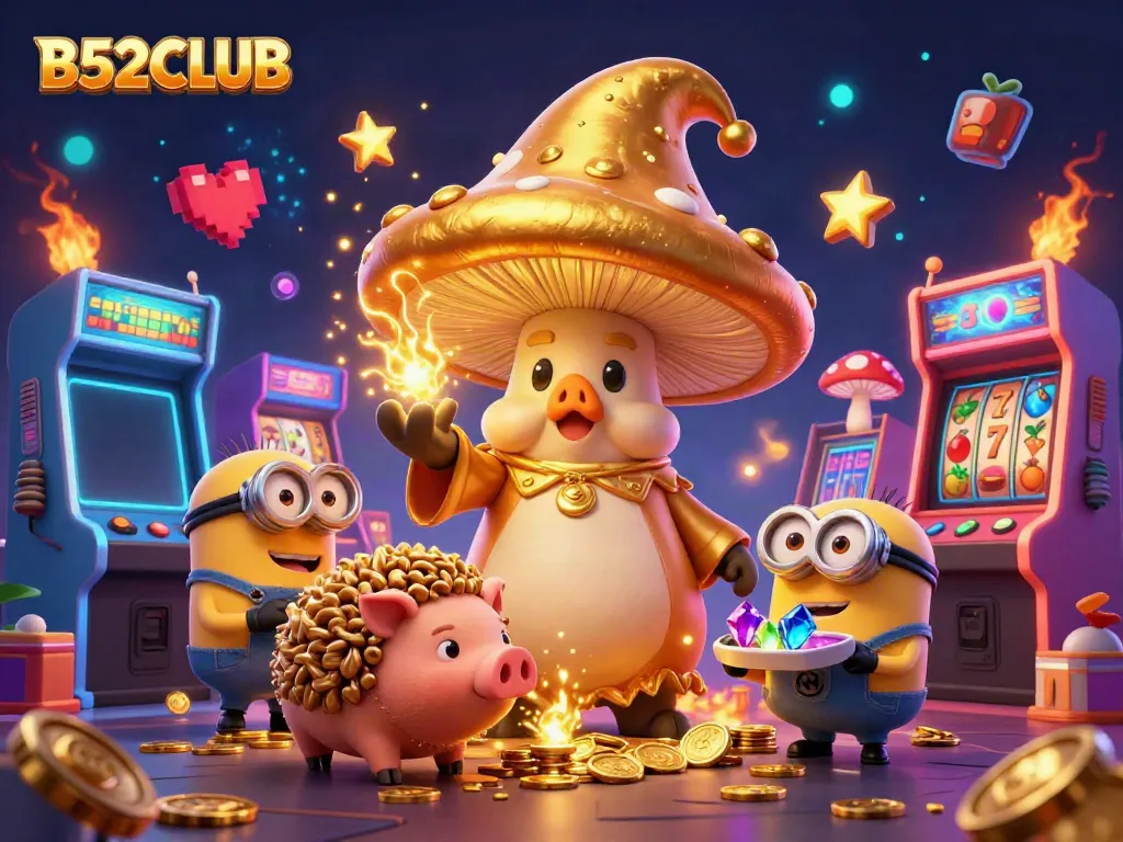 B52CLUB illustrates a magical gaming scene with golden elements and vibrant slot machines, enhancing player enjoyment.