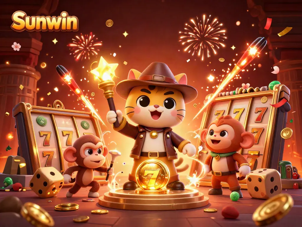 Experience the thrilling adventure at Sunwin casino with a cat explorer and monkey companion surrounded by exciting gaming symbols.