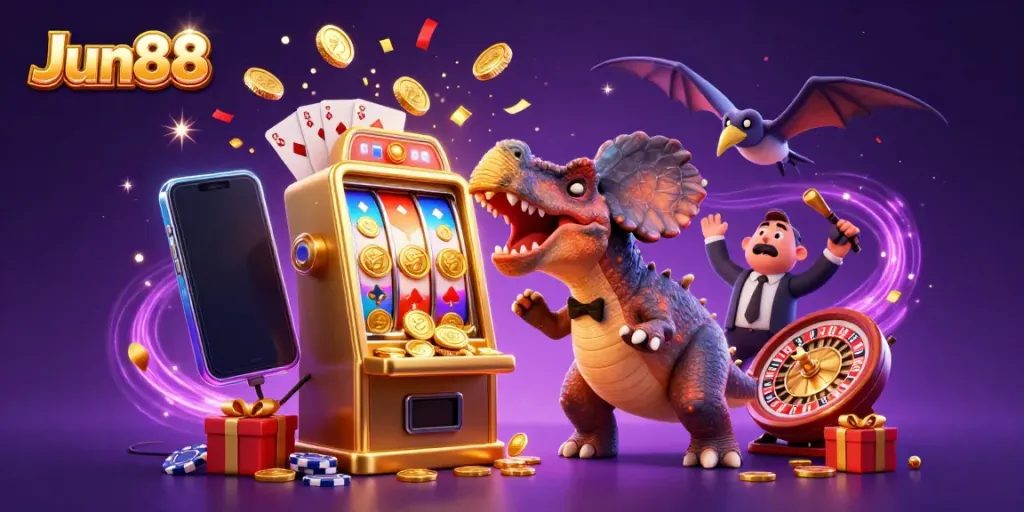 Experience the thrill of Jun88 with a captivating 3D scene of cartoon dinosaurs interacting with vibrant casino elements.