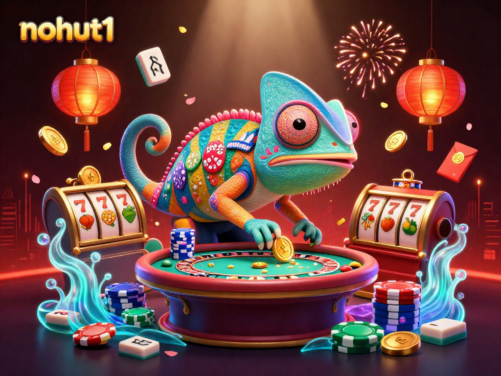 Experience exciting gambling with nohut1 in this vibrant, cartoonish casino illustration.
