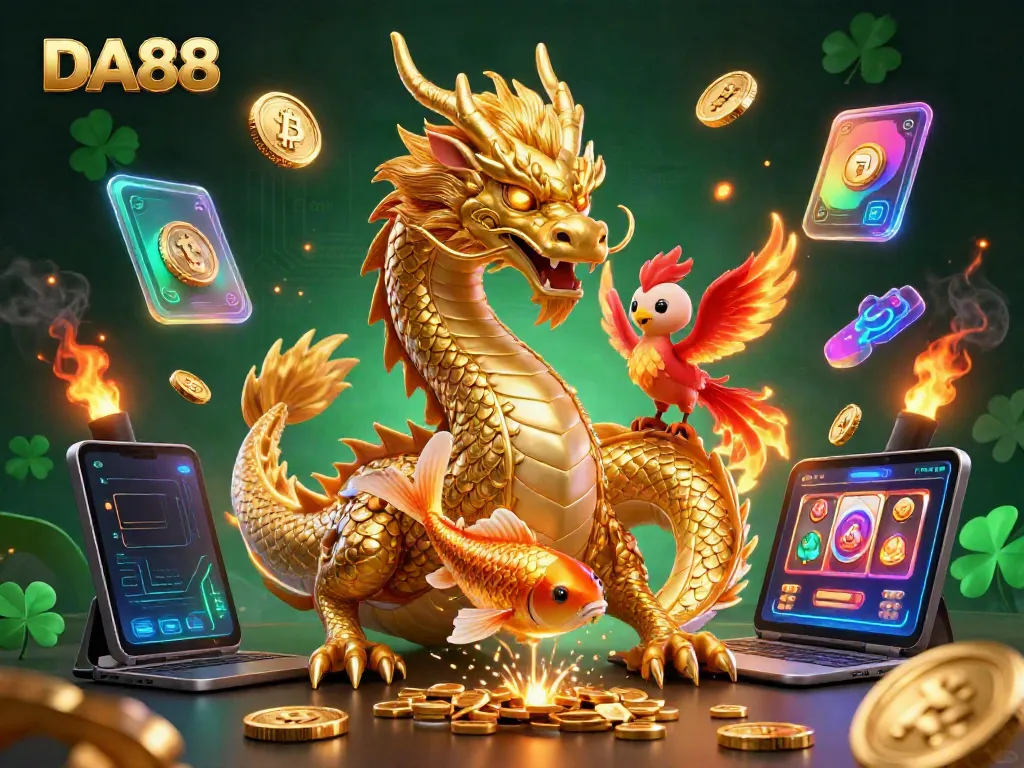 Experience DA88 with a dynamic illustration of a golden dragon, phoenix, and koi fish amidst vibrant gaming elements.