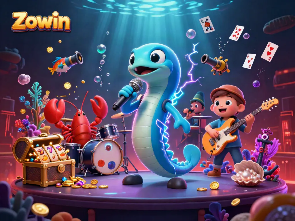 Zowin entertains with a vibrant underwater casino scene featuring a DJ eel and its band, capturing excitement.
