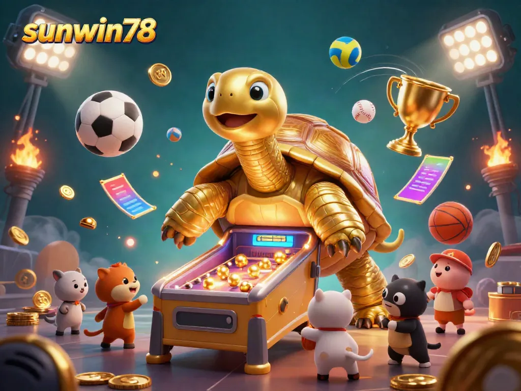 Experience exciting gambling with sunwin78, featuring a lively scene of a pinball tortoise and sports betting elements.