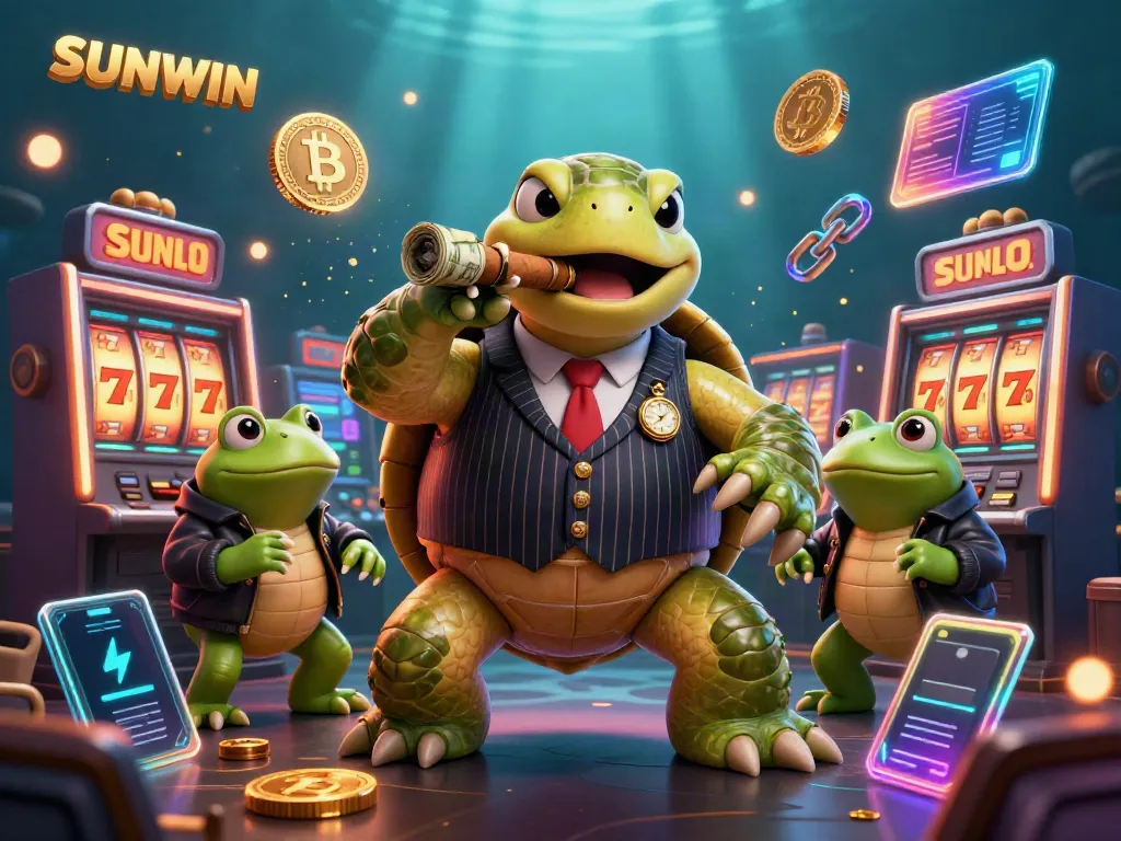 Experience the excitement of SUNWIN with a snapping turtle and bullfrog enforcers in a vibrant casino scene.