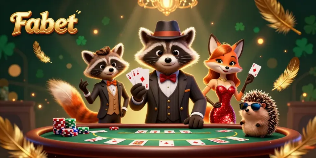 Fabet highlights a lively casino scene with a suave raccoon and fox companion celebrating a royal flush.