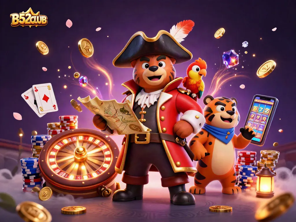 Spin with B52CLUB and experience a vibrant 3D casino adventure, featuring characters and dazzling game elements.