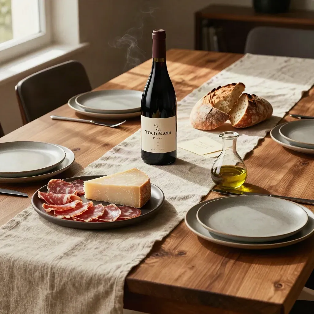 Set toscano con vino rosso, salumi, pecorino, pane rustico e piatti su tavola in legno.