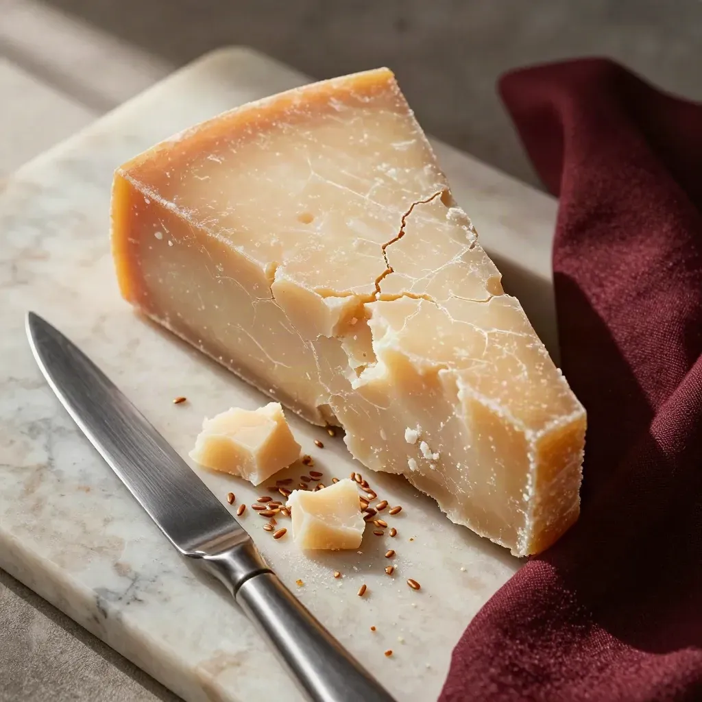 Parmigiano stagionato, scaglie e coltellino su tagliere chiaro dall’alto.