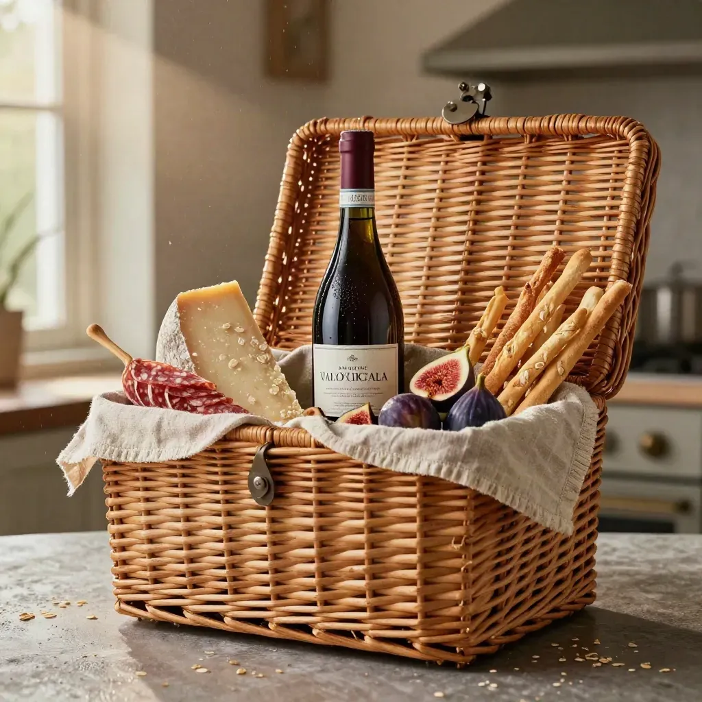 Cesto regalo con Amarone, pecorino, salame, fichi e grissini, in luce calda dopo la pioggia.