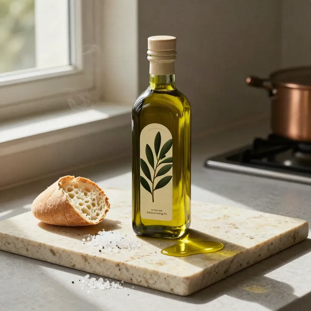 Bottiglia d’olio EVO con versatore, pane, sale e ramoscello d’ulivo su pietra chiara.