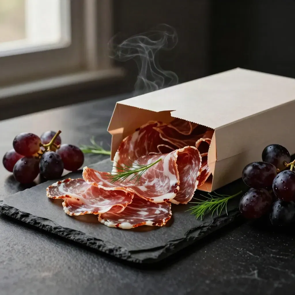 Box di salumi aperta con finocchietto, uva scura e tagliere in ardesia, luce drammatica.