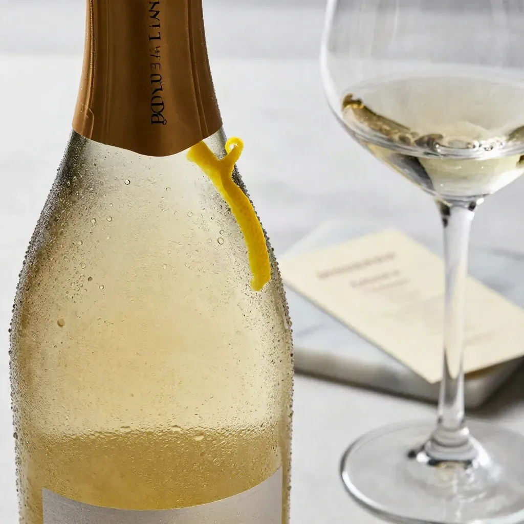 Primo piano di bottiglia di Prosecco ghiacciata con condensa, limone, ghiaccio e bordo di calice.