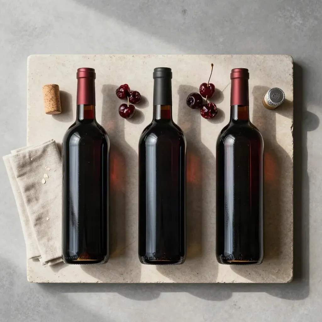 Flat lay dall'alto con tre bottiglie di vino, tappi, ciliegie secche e tovagliolo di lino.