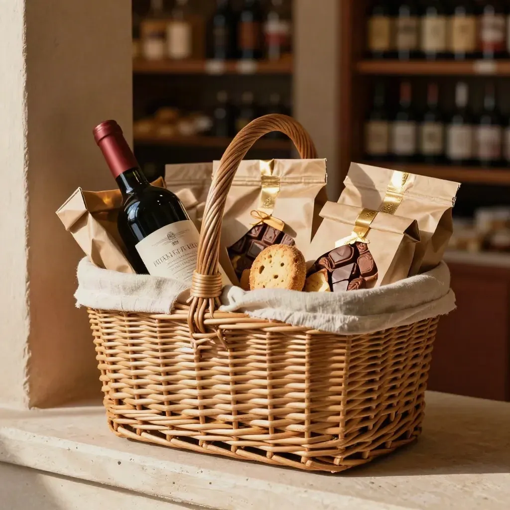Cesto regalo in vimini con vino, biscotti e cioccolato su fondo chiaro, stile elegante.