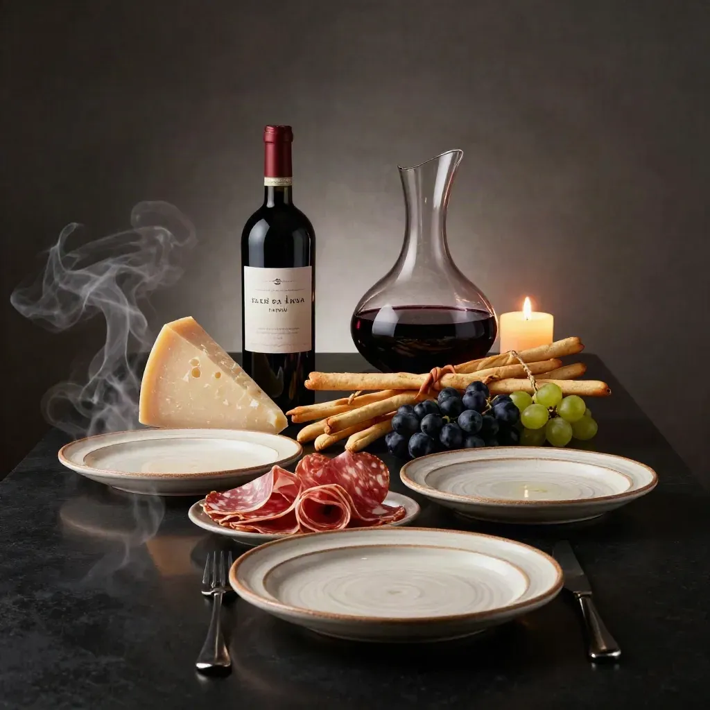 Tavola toscana per quattro con vino Barbera, pecorino, salumi, grissini, uva e ceramiche.