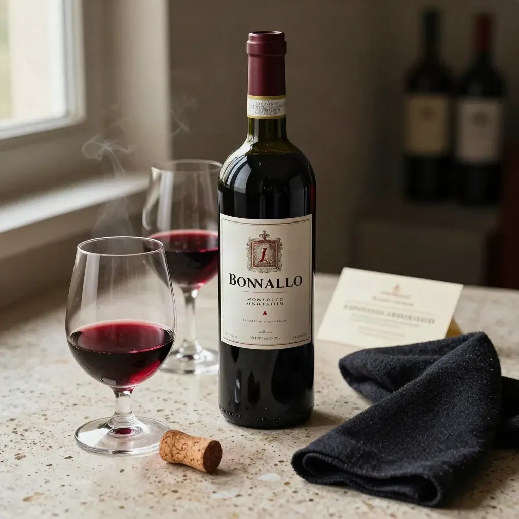 Bottiglia di Brunello con due calici, tappo e panno scuro su travertino chiaro