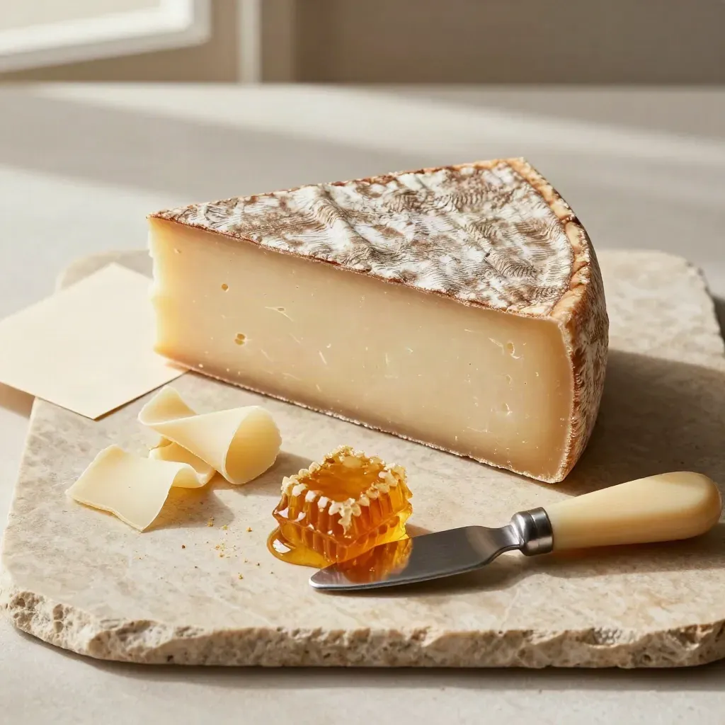 Flat lay di Pecorino Toscano DOP con miele in favo e coltellino su pietra chiara.