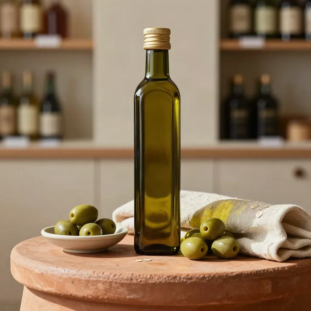 Bottiglia d’olio EVO con olive, piattino in ceramica e lino chiaro su base terracotta.