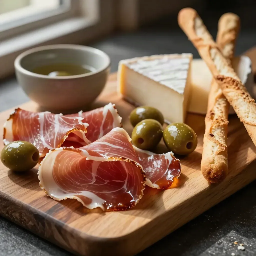 Tagliere aperitivo misto con salumi, olive, formaggio e grissini in macro caldo.