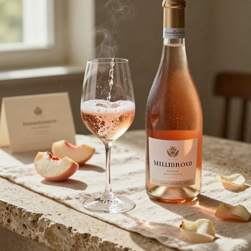 Bottiglia di Prosecco Rosé con flute ghiacciato, pesche bianche e petali di rosa su lino crema.
