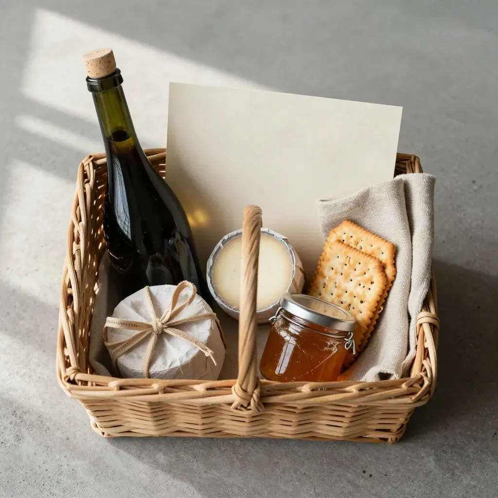 Cesto gourmet con vino, cracker, formaggio e marmellata su fondo in cemento chiaro.