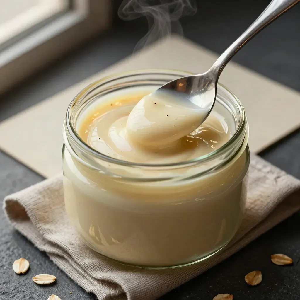 Vasetto di salsa al Parmigiano con cucchiaio, grana e lino su pietra scura