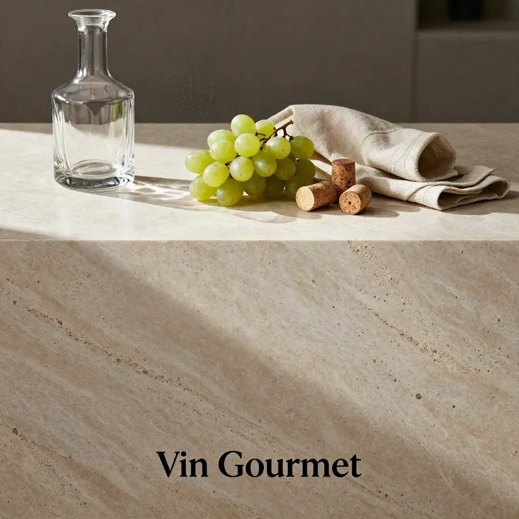 Piano in travertino al sole con decanter, uva, tappi e lino piegato nella parte alta.