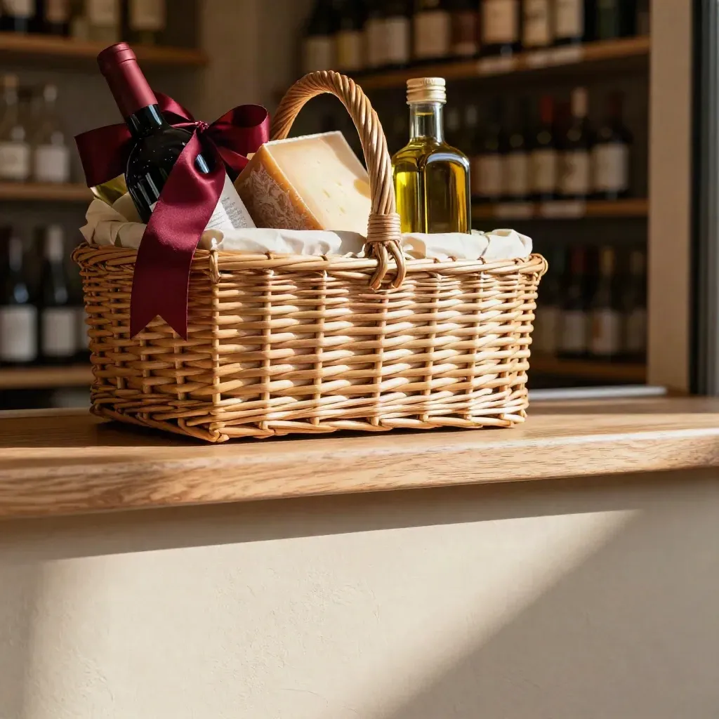 Cestino regalo gourmet con vino, formaggio e tessuti su bancone chiaro, luce calda.