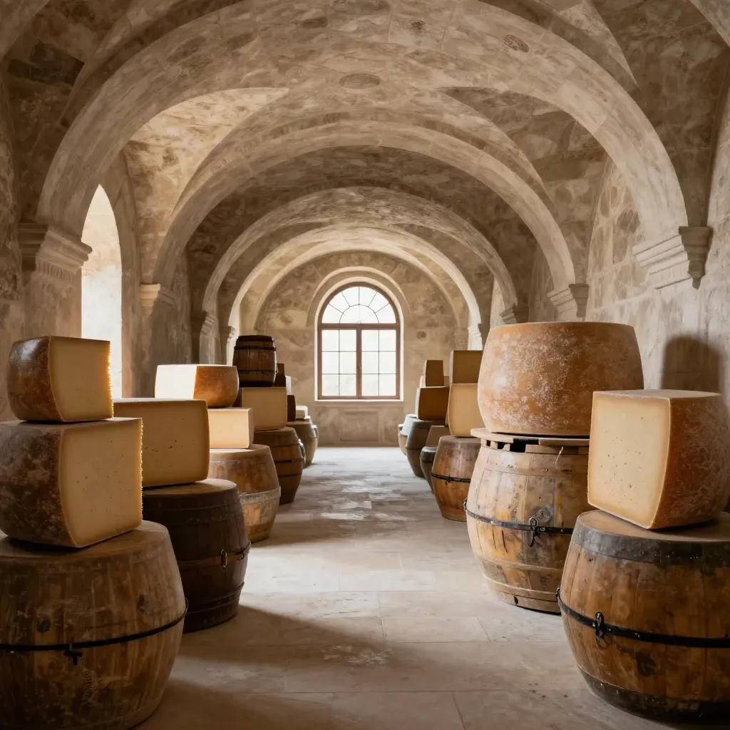 Corridoio di cantina voltata con casse impilate e forme di formaggio stagionato in alto.