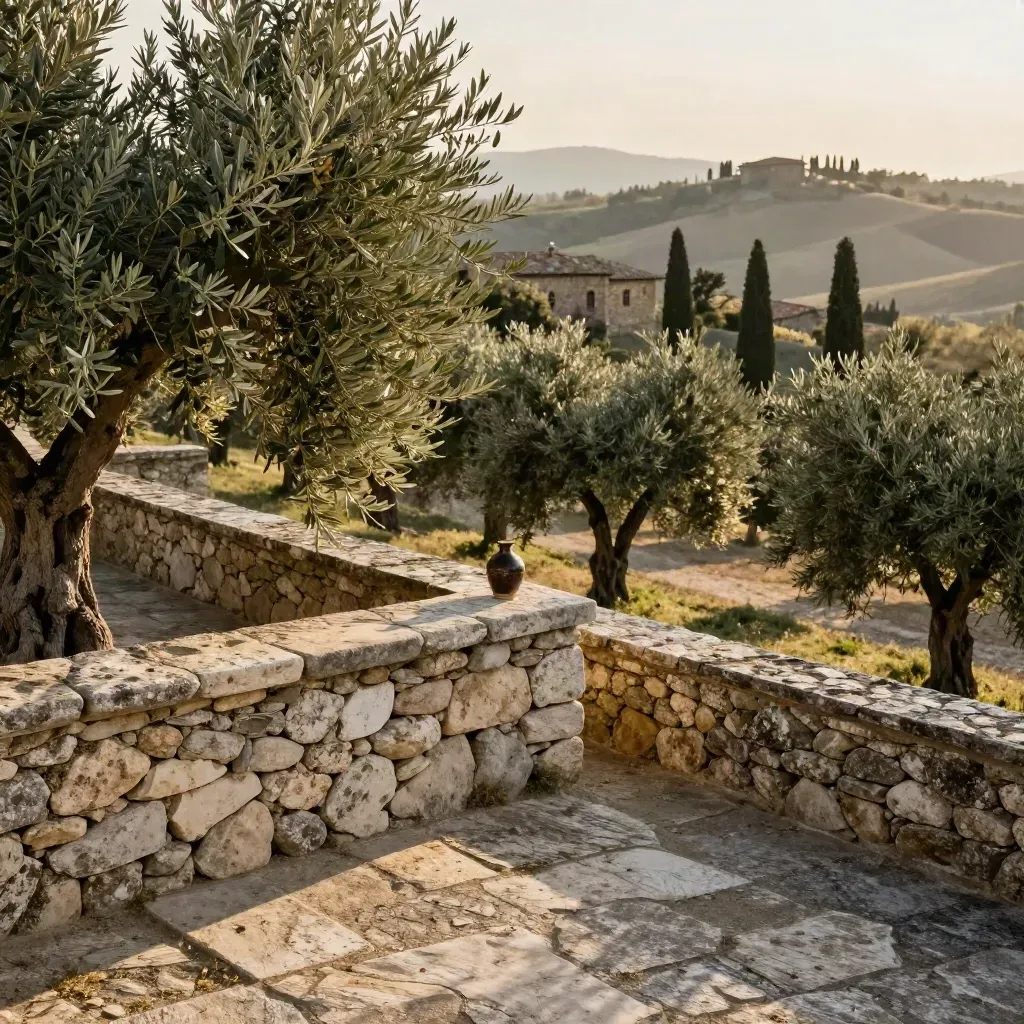 Terrazza toscana tra ulivi e muretto in pietra, paese collinare sfumato sullo sfondo