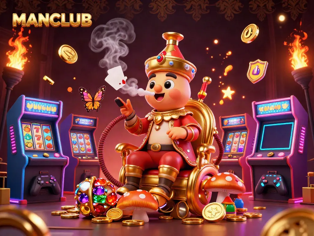 Engage with MANCLUB's vibrant casino gaming scene featuring lively slot machines and animated characters.