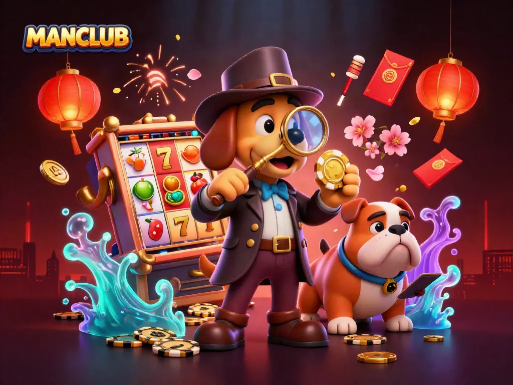 Engage MANCLUB's poker adventure with a detective and companion amid golden slot reels.