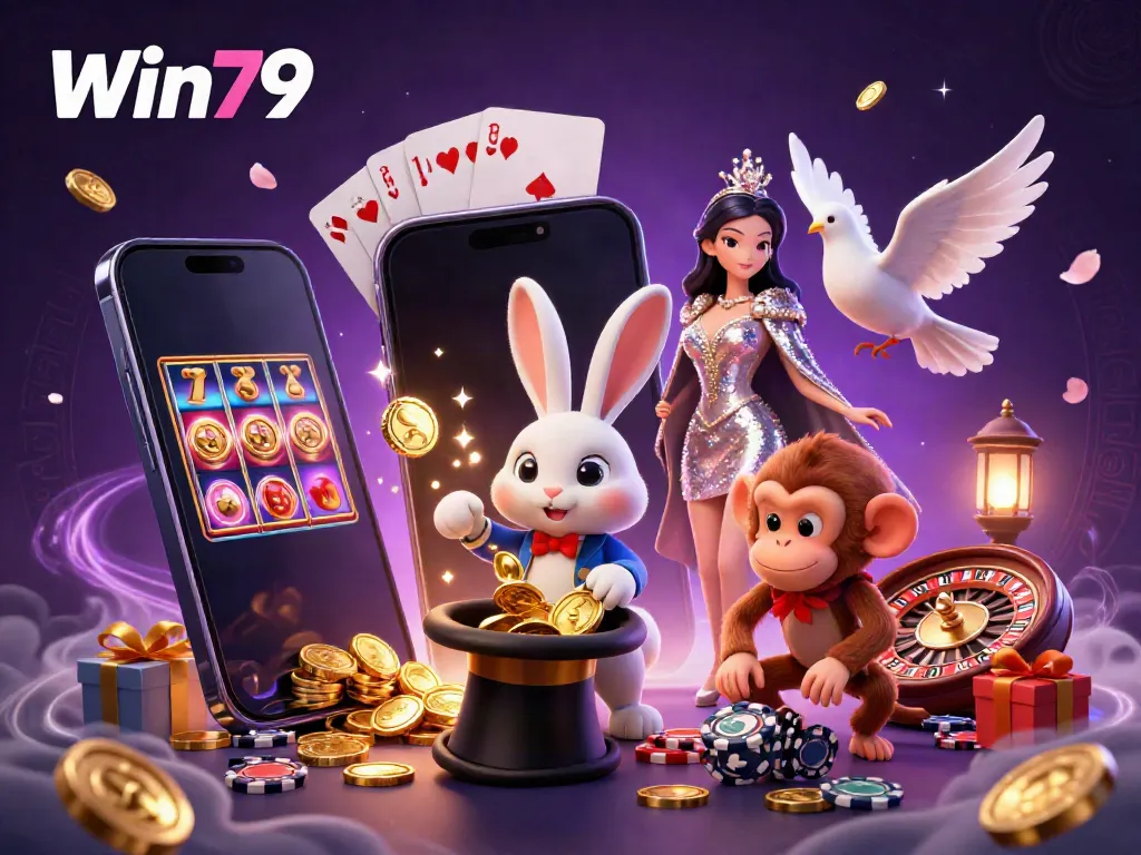 Win79 casino illustration featuring a magician rabbit, dove, and monkey with coins and poker chips.