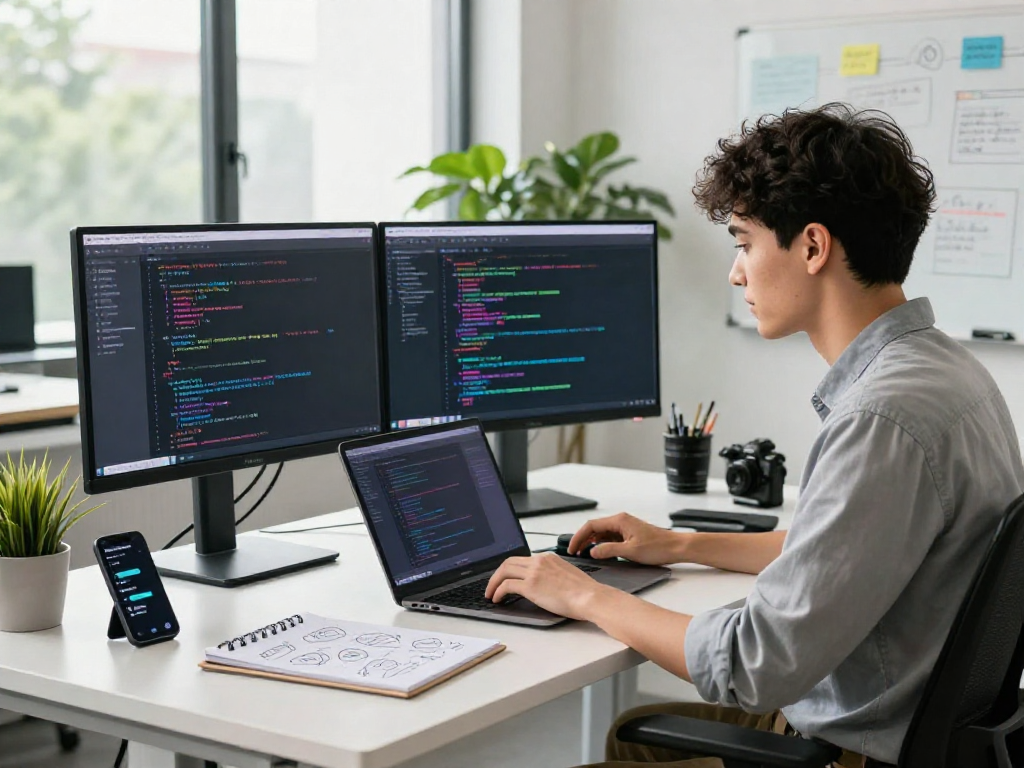 Developer showcasing Juicy ai's vibrant coding interface in a bright workspace.