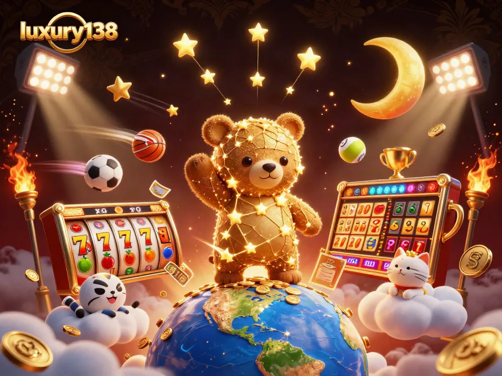 Experience luxury138's vibrant casino adventure with a unique constellation bear and golden game elements.