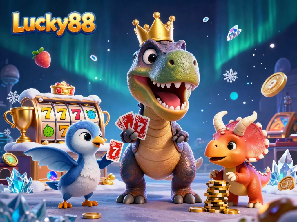 Experience Lucky88 with a fun T-Rex shuffling cards while friends stack chips amid dynamic slot gaming elements.