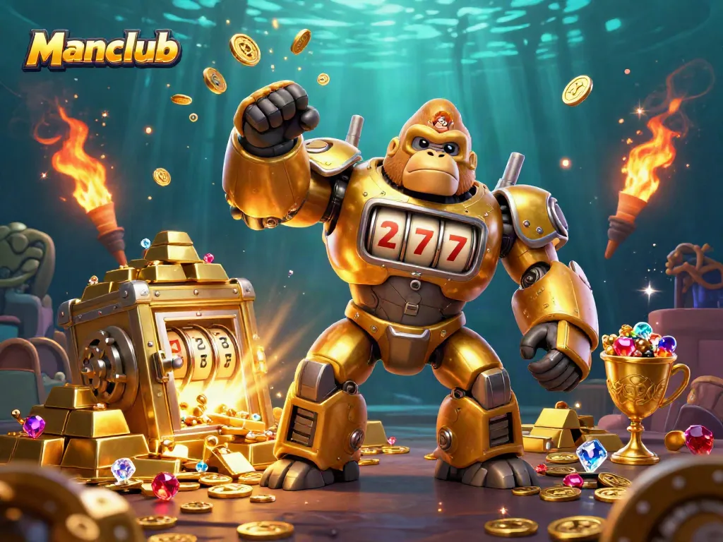 Engage with Manclub's vibrant gaming scene featuring a golden gorilla mech amidst treasures and jackpot elements.