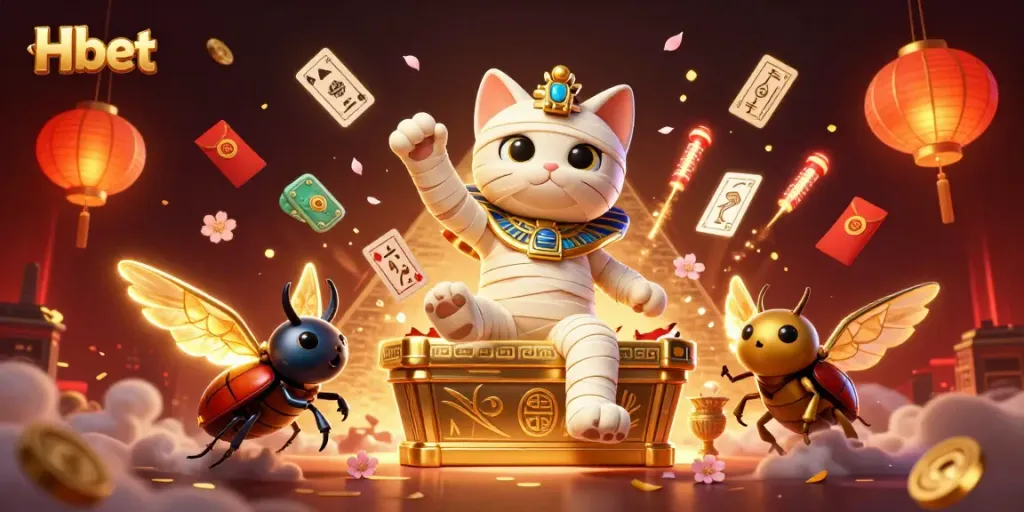 Experience the excitement of Hbet featuring a mummy cat and glowing scarab in a dynamic casino scene.