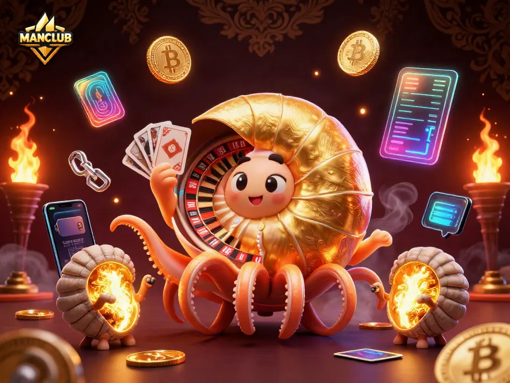 Engage with MANCLUB through a thrilling scene featuring a giant nautilus as a roulette wheel surrounded by vibrant crypto elements.