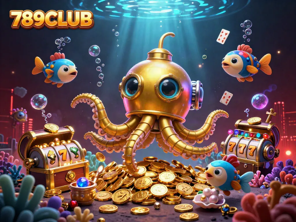 Engage with exciting slots and games at 789CLUB while encountering a magnificent kraken submarine illustration.