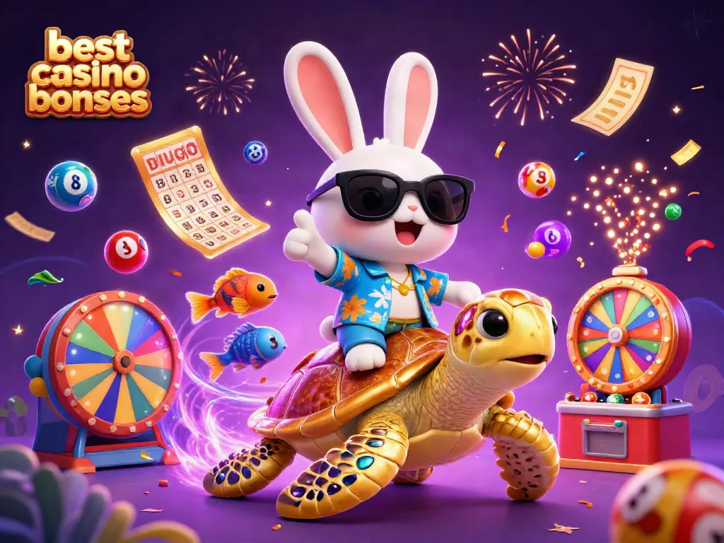 Engaging illustration showcasing the best casino bonuses with a lucky rabbit and golden turtle amid vibrant casino elements.