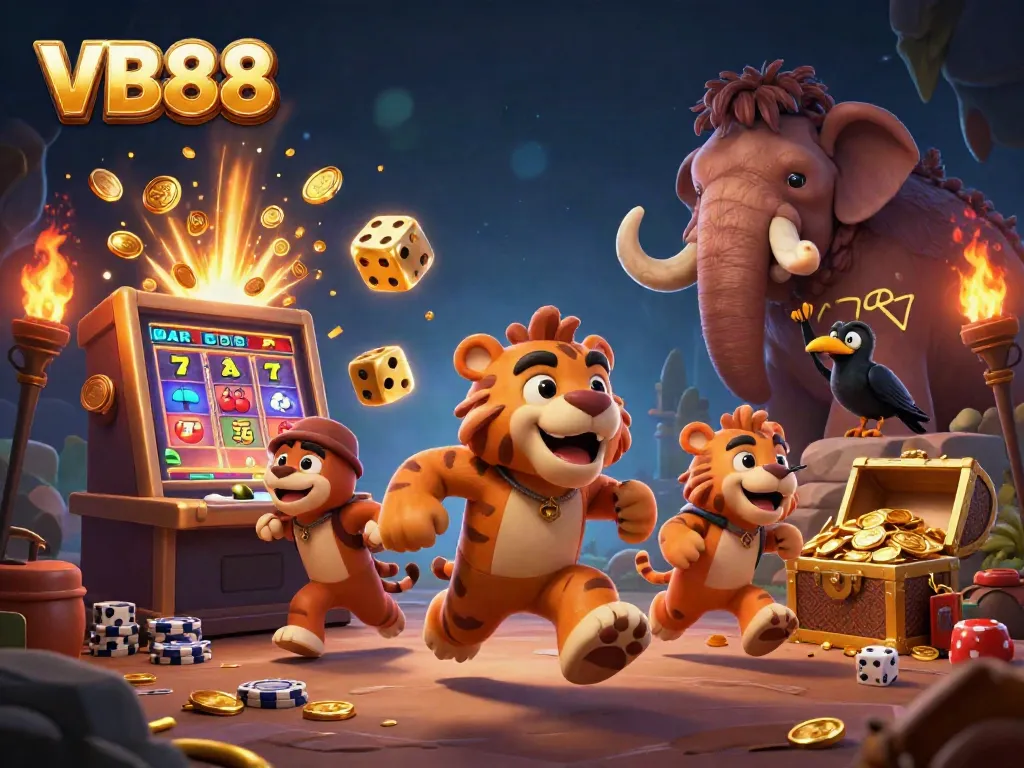 Experience VB88's thrilling adventures with a caveman and saber-tooth tiger in a vibrant casino scene.